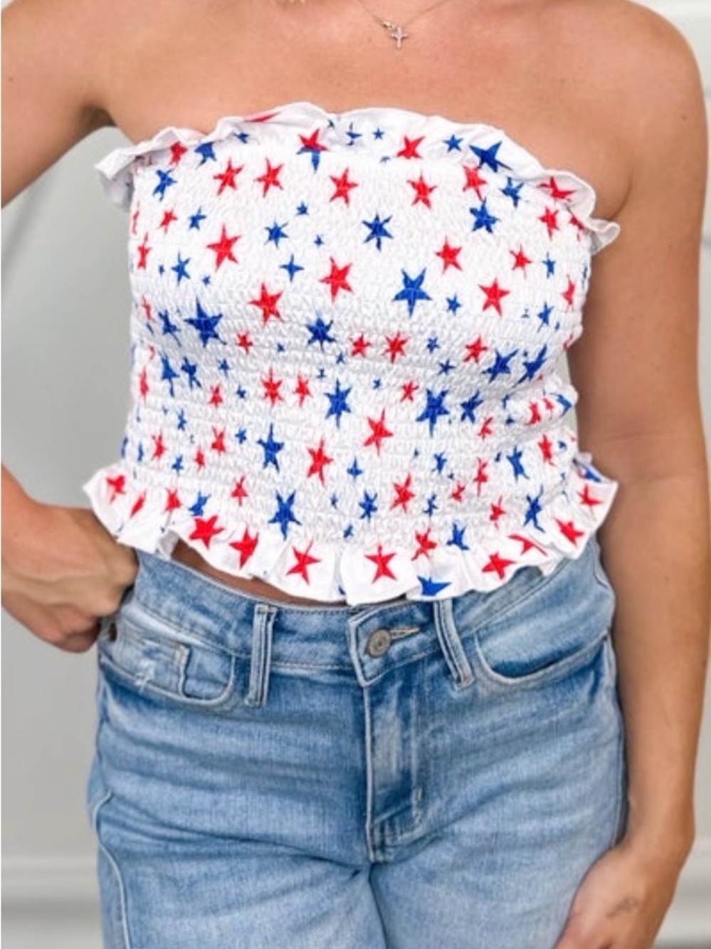 Smocked Strapless White Camisole with Red & Blue Star Print